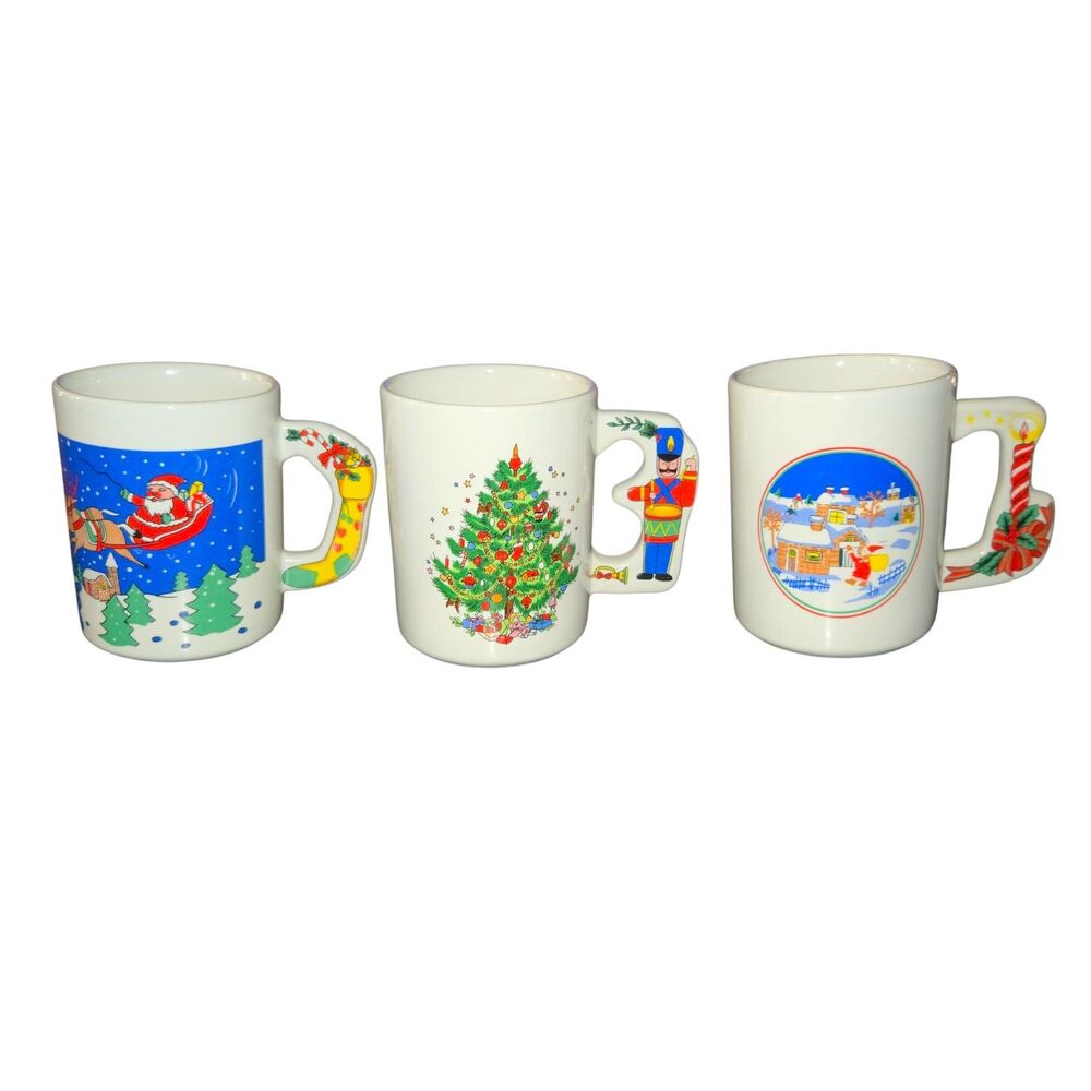 Set of Three Vintage Unmarked Christmas Ceramic Decorated Handle Coffee Mugs